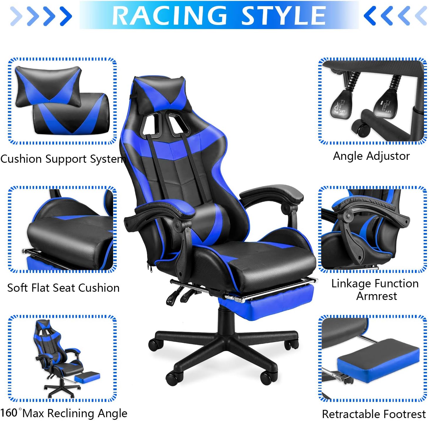 Soontrans Blue Gaming Chairs with Footrest,Ergonomic PC Computer Game Chair,Home Office Desk Chair with Headrest and Lumbar Support Office Chair for Adult