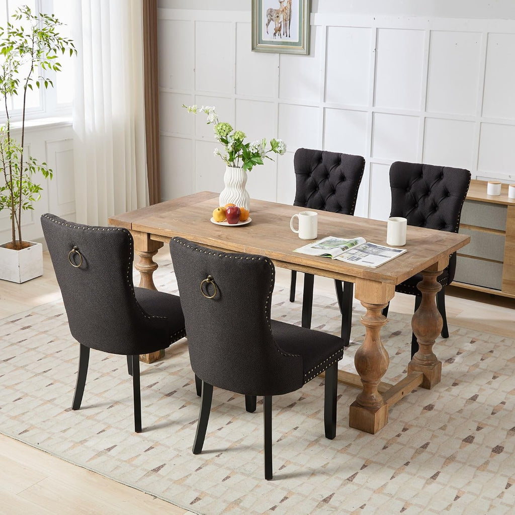 Ball & Cast Contemporary Upholstered Dining Chairs Set of 2, Flax Button Tufted Kitchen Side-Chairs with Hang Ring & Nailhead Trims & Wood Legs, 2-Piece Backrest Traditional Chair, Black+Black