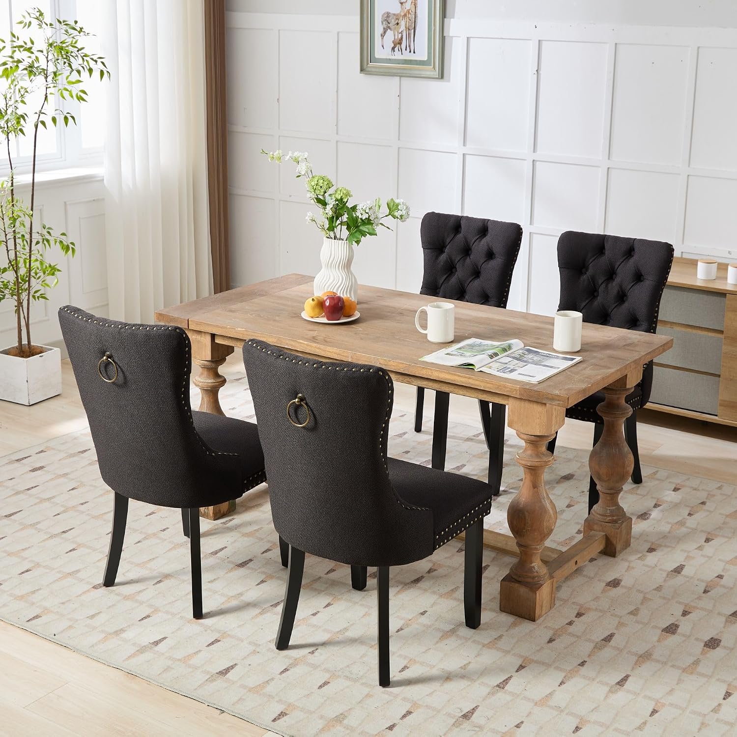 Ball & Cast Contemporary Upholstered Dining Chairs Set of 2, Flax Button Tufted Kitchen Side-Chairs with Hang Ring & Nailhead Trims & Wood Legs, 2-Piece Backrest Traditional Chair, Black+Black