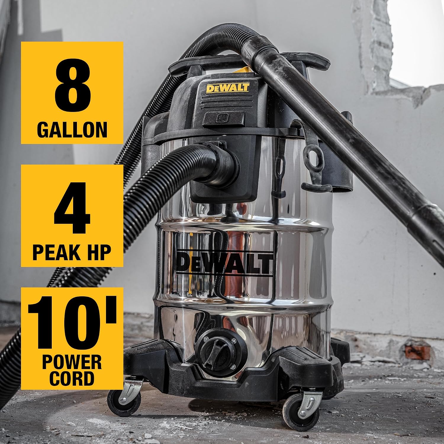DEWALT DXV08S 8 Gallon Wet/Dry Vacuum, 4 Peak HP Shop Vacuum, Stainless Steel Tank, Silver