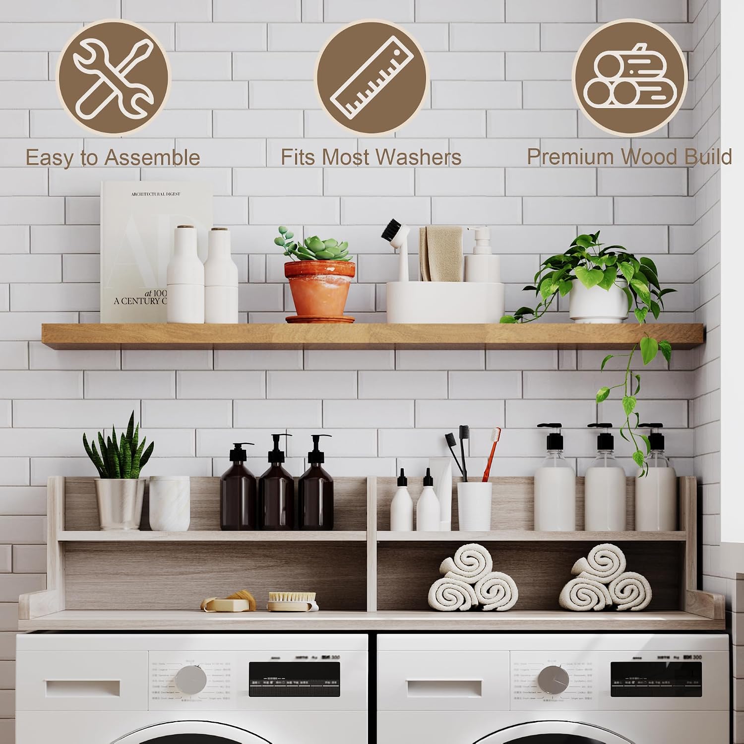 ChooChoo 2-Tier Washer Dryer Countertop with Adjustable Shelf, Spacious Laundry Room Storage for Folding Clothes and Efficient Organization, Oak
