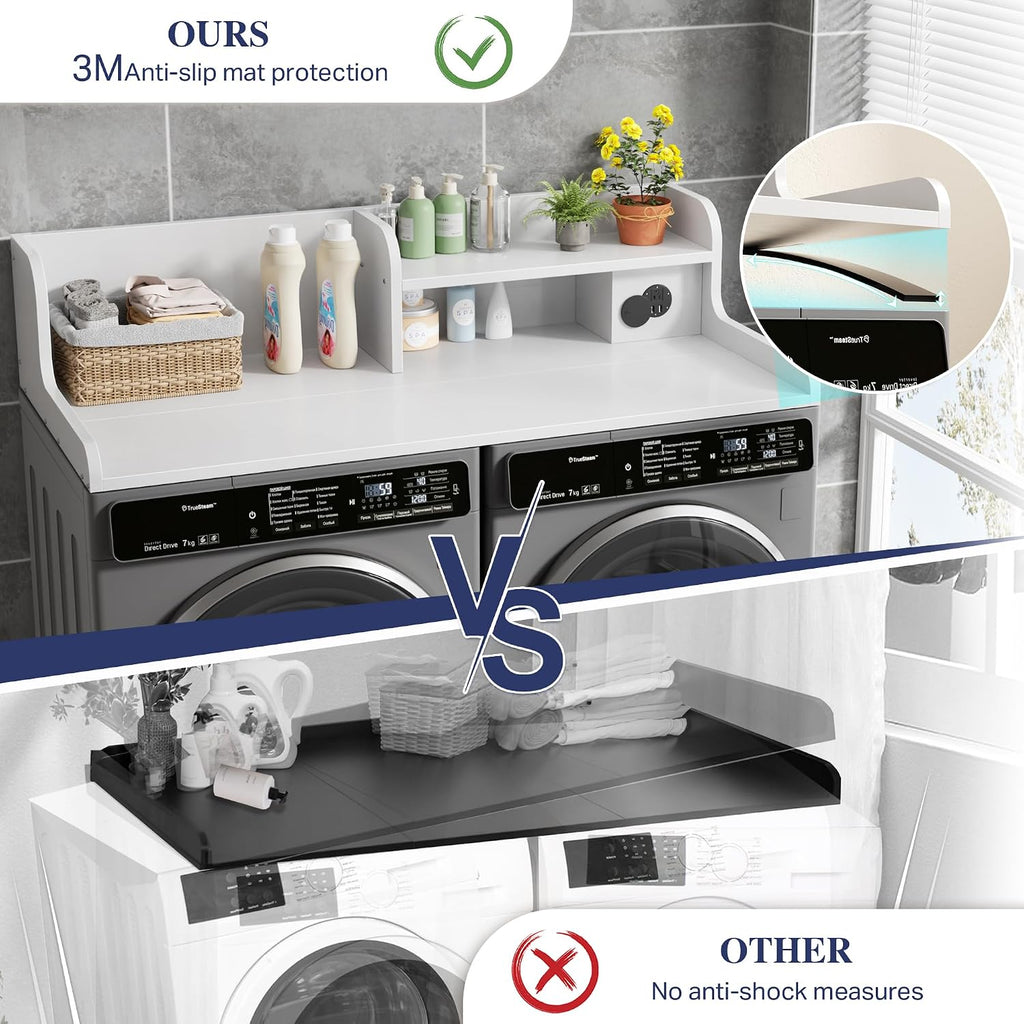 DTK Washer Dryer Countertop with Charging Station, 2 Tier Laundry Countertop with Anti-Slip Strips, 27.55' Depth x 54' Width, Wood Dryer Cover with Shelf,White (White)