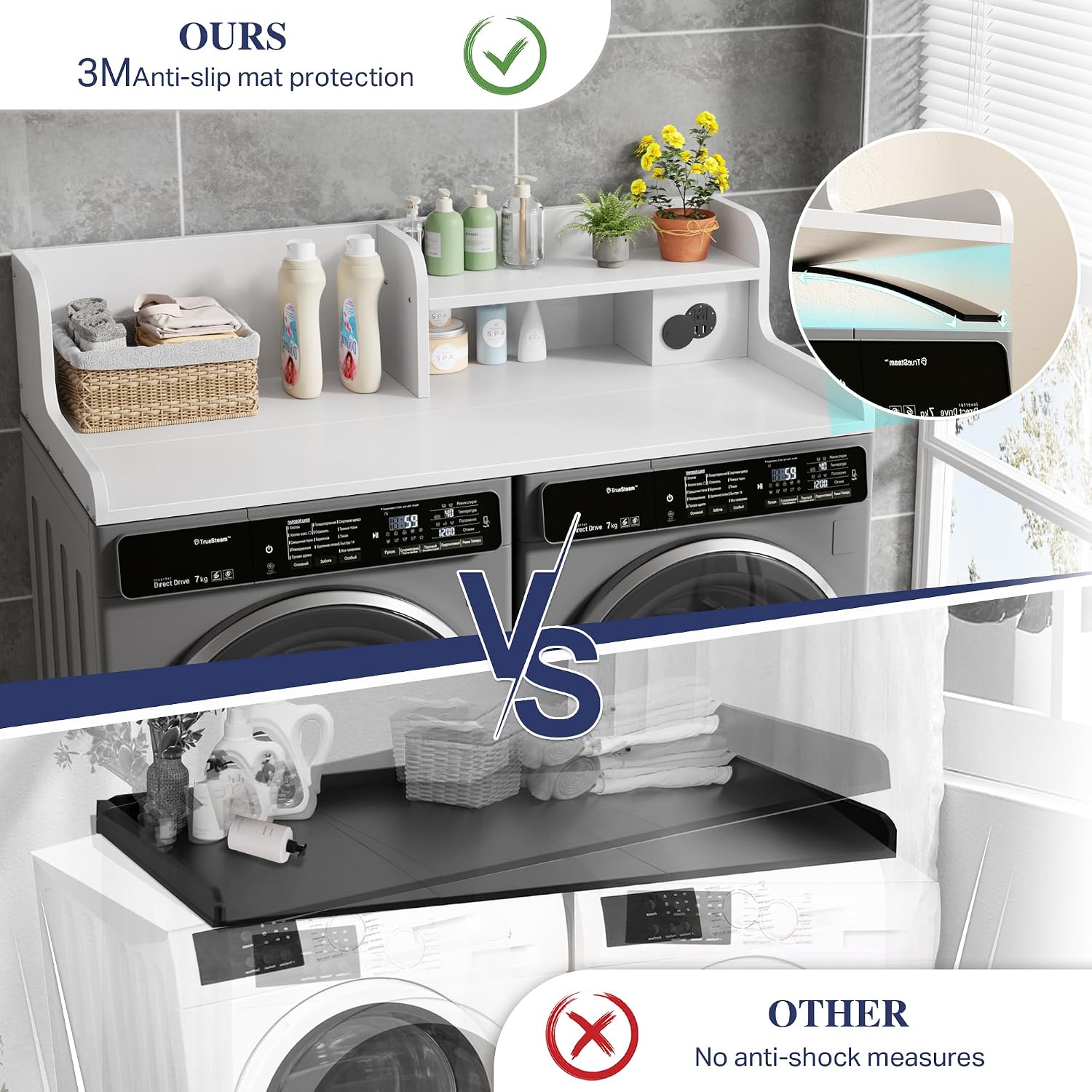 DTK Washer Dryer Countertop with Charging Station, 2 Tier Laundry Countertop with Anti-Slip Strips, 27.55' Depth x 54' Width, Wood Dryer Cover with Shelf,White (White)