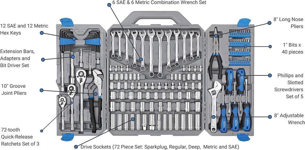 Apollo Tools 163 Piece SAE and Metric Mechanics and Automotive Tool Set with 72-Teeth Ratchets and Extensive Socket Assortment in Chrome Vanadium Steel Construction - Blue- DT0002