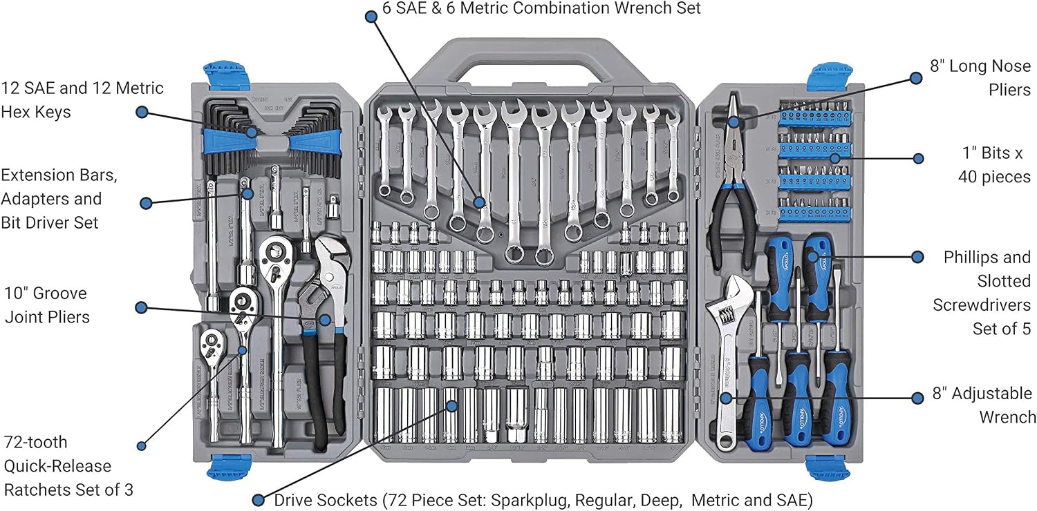 Apollo Tools 163 Piece SAE and Metric Mechanics and Automotive Tool Set with 72-Teeth Ratchets and Extensive Socket Assortment in Chrome Vanadium Steel Construction - Blue- DT0002