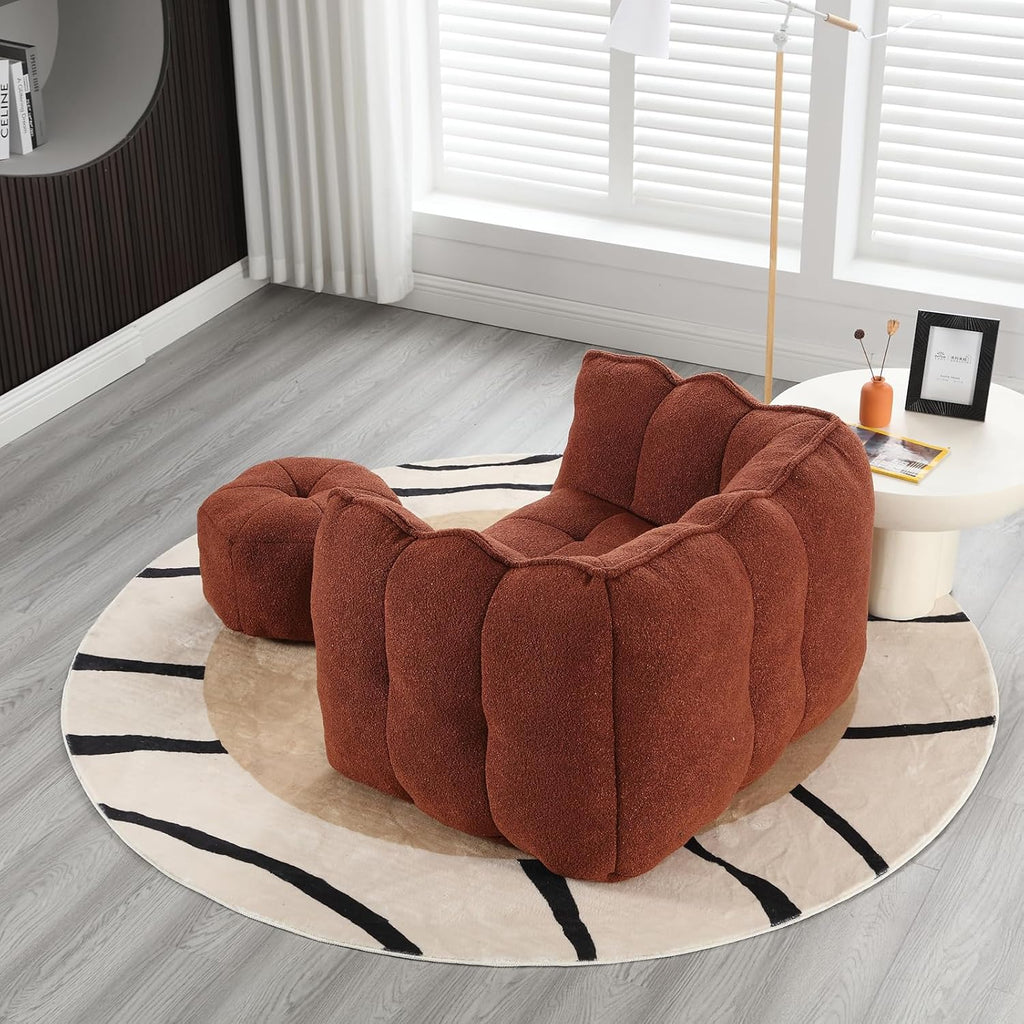 Giant Bean Bag Chair with Ottoman, Oversized Beanbag Chair for Adults, Comfy Floor Sofa Chair with Foam Filler, Pumpkin Lazy Lounger for Living Room, Game Room, Reading Corner, Chenille Reddish Brown