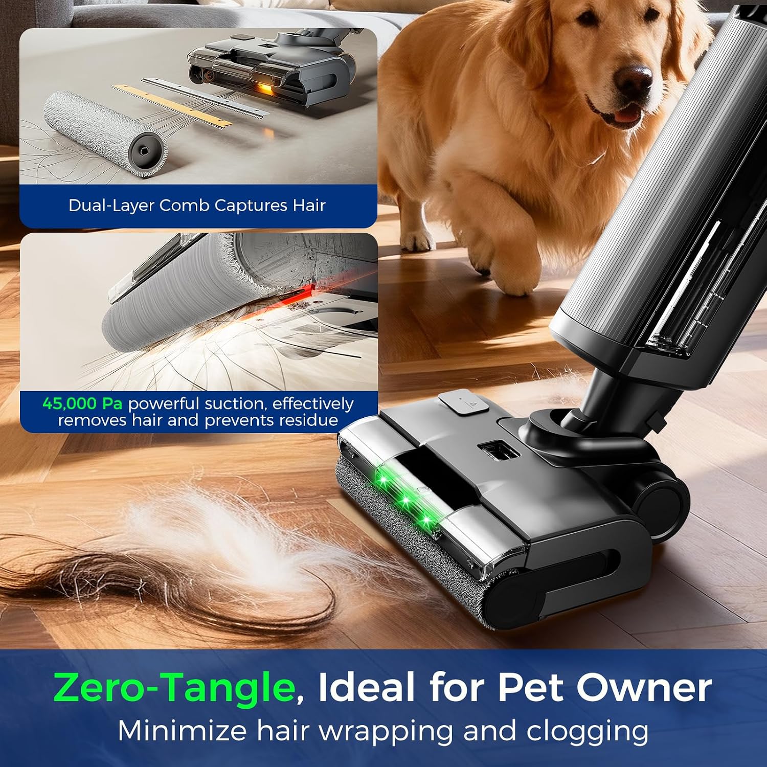 Wet Dry Vacuum Cleaner,Cordless Vacuum Mop Combo with Self-Cleaning,All in one Floor Cleaner Machine for Hard Floor,45kPa Suction 75 Mins Runtime Anti-Tangle,LED Light,180° Lay-Flat,Self Propelled