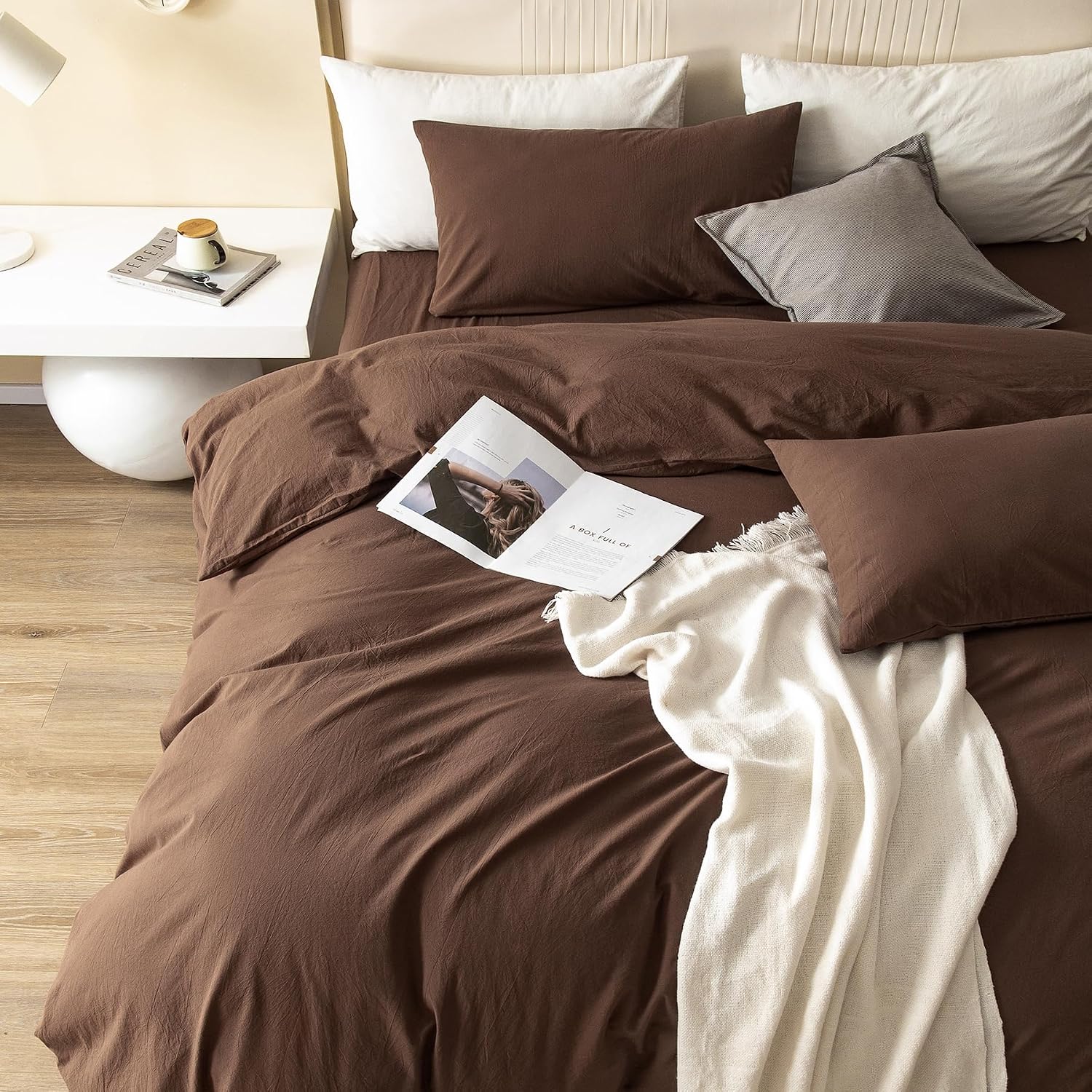JIYUAN Super King Plus Duvet Cover Set, 3-Piece - 100% Washed Cotton, Linen-Like Soft & Breathable with Zipper Closure, Includes 120x120 Inch Cover & 2 Pillowcases, Solid Chocolate Brown