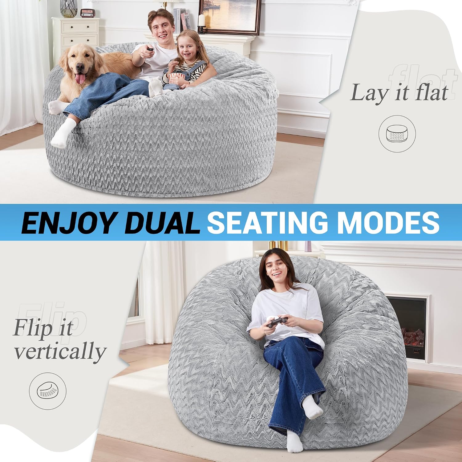 5FT Bean Bag Chair,Giant Bean Bag Chairs for Adults,Big Bean Bags with Memory Foam Filled, Large Beanbag Chairs with Chevron Plush Cover-Light Grey