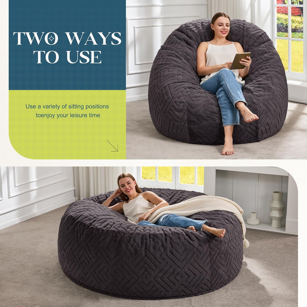 Hobestluk Bean Bag Chairs Adults Beanbag Chair with Filler Large Bean Bags with Fluffy Embossed Cover, Giant Bean Bag Chairs for Adults (Dark Grey, 5FT - 50' x 50' x 24')