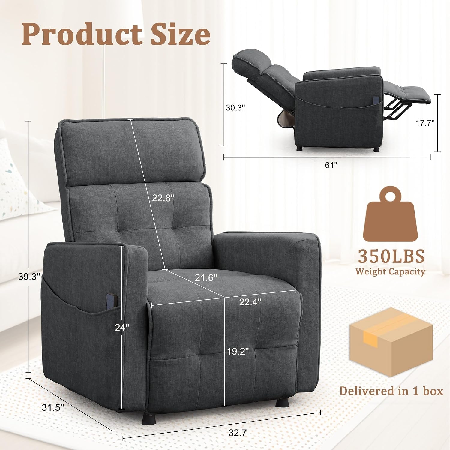Korser Power Recliner Chair for Living Room, Electric Recliner Chairs for Adults, Comfy Recliners with Side Pockets & One-Touch Adjustment, Cashmere Reclining Chair for Reading, Bedroom, Lounge, Grey
