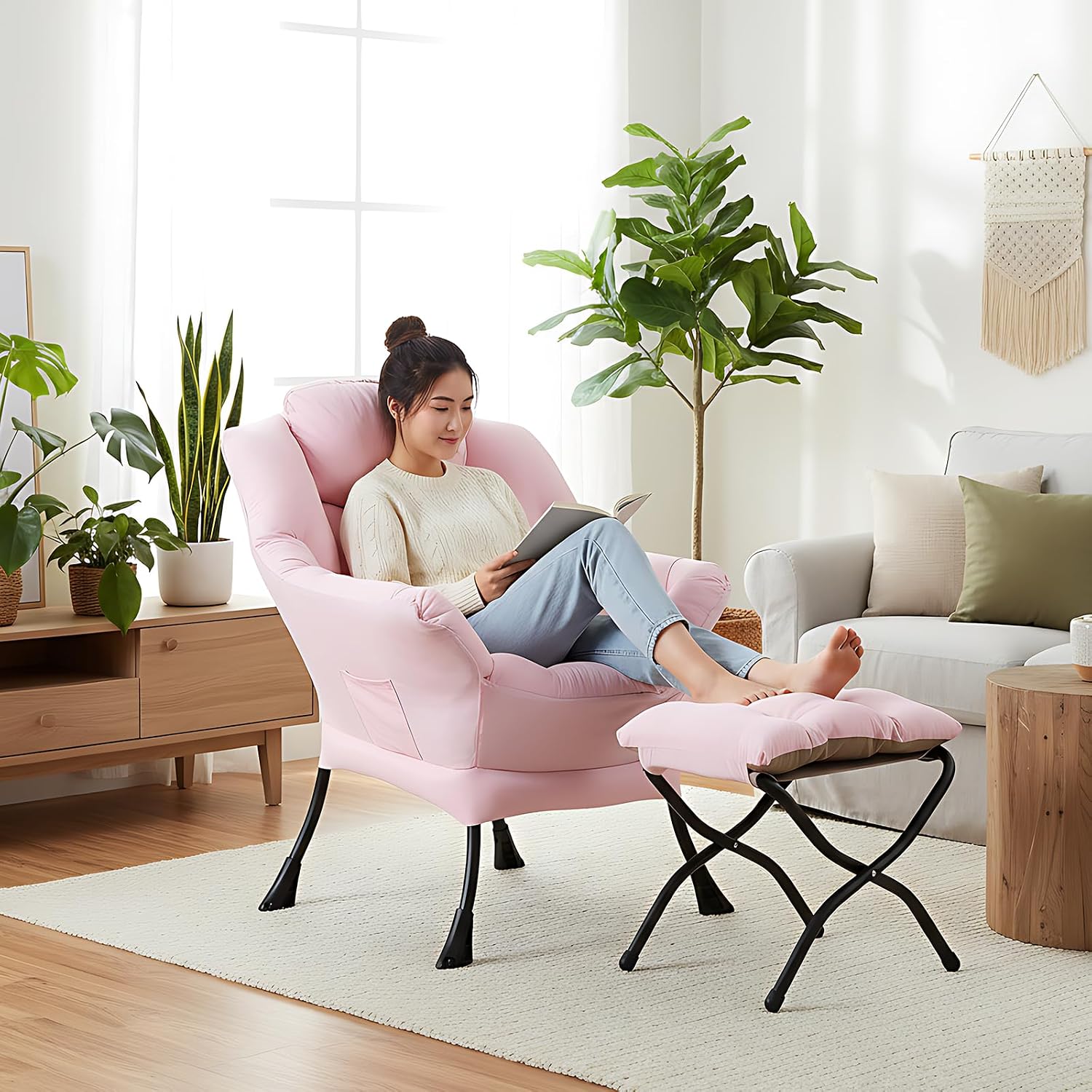 Welnow Pink Lazy Chair with Ottoman, Modern Reading Accent Chair with Armrests and a Side Pocket, Leisure Upholstered Lazy Sofa Set with Footrest for Small Space