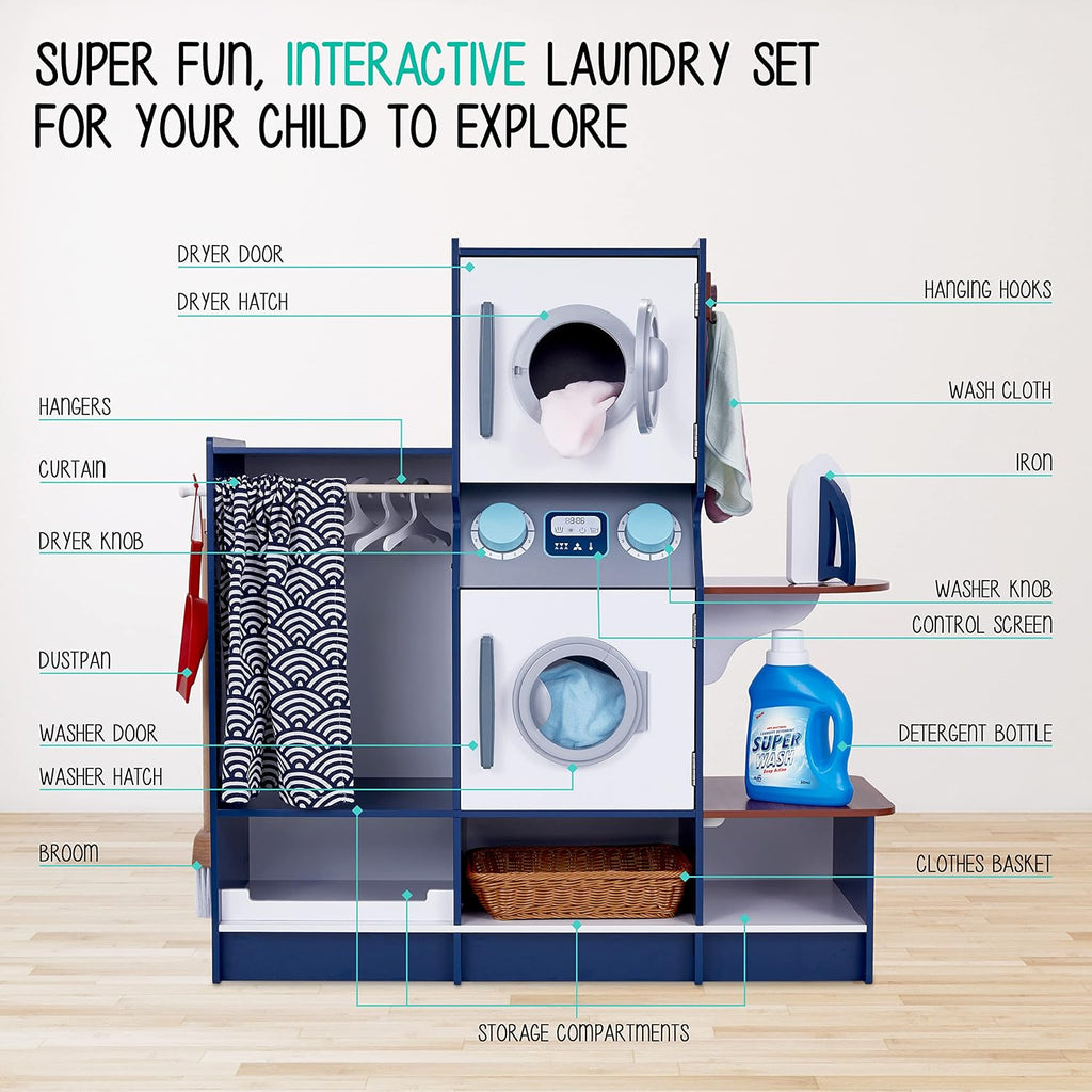 Lil' Jumbl Kids Washer and Dryer Playset, Wooden Children's Pretend Laundry Set, Includes Broom, Dustpan, Iron, Hangers & Basket, Realistic Laundry Room for Kids