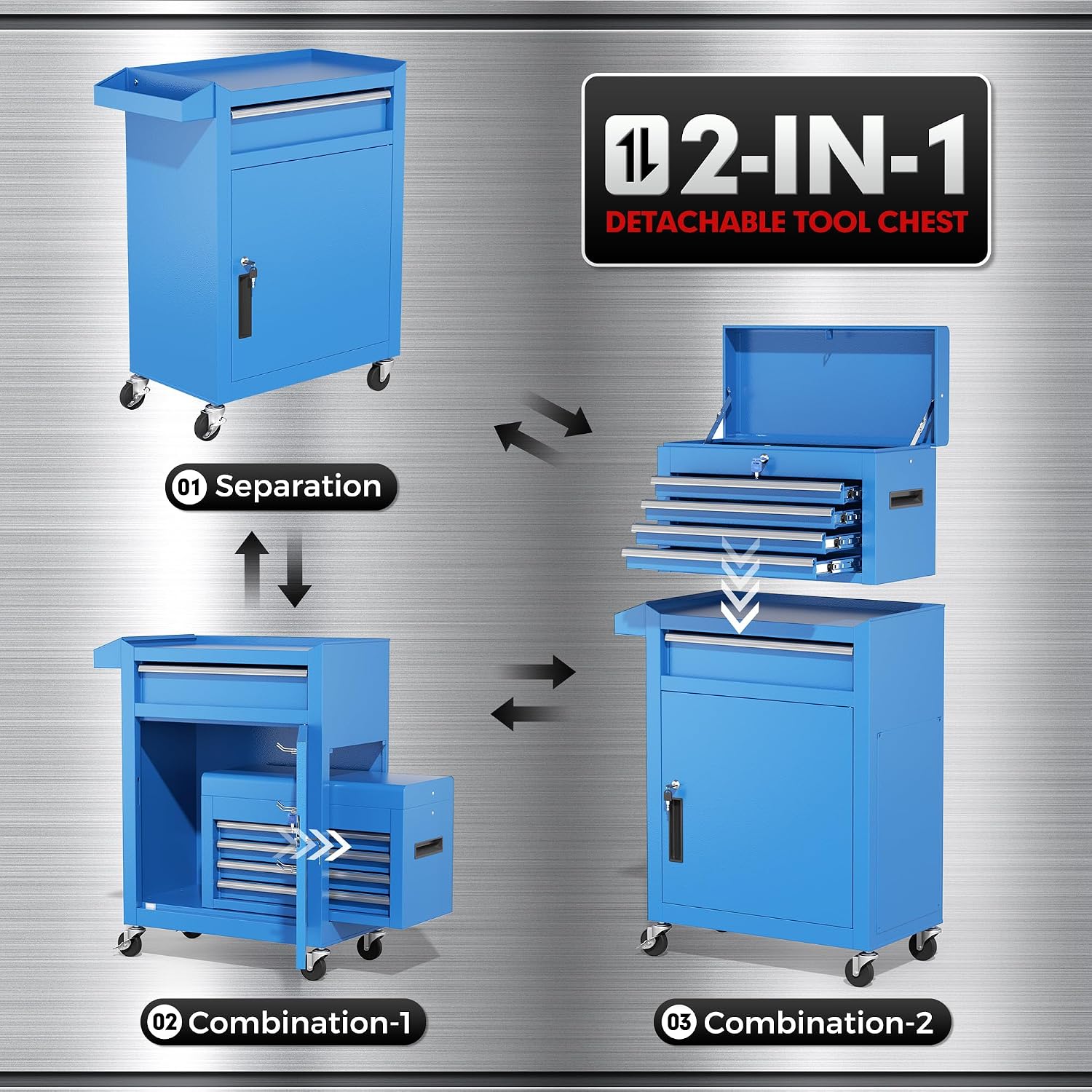 INTERGREAT Rolling Tool Chest, 5-Drawer Tool Box Organizer, Lockable Wheels & Sliding Drawers & Detachable Top, Tool Storage Cabinet for Garage Workshop (Blue)