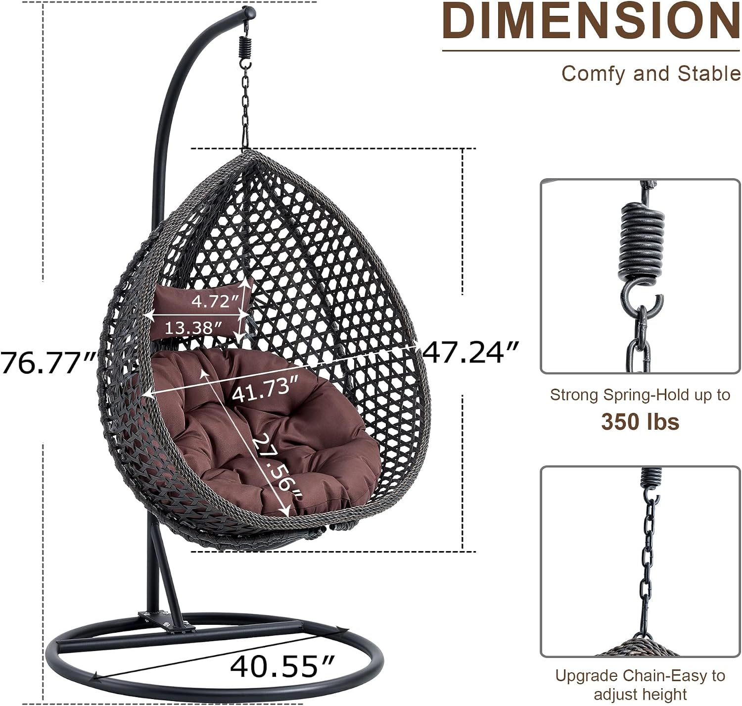 Egg Swing Chair with Stand,Black Hanging Egg Chair with Stand, Rattan Swing Egg with Soft Cushion, Outdoor Hanging with Foldable Basket & Metal Stand for Bedroom Patio (Black)