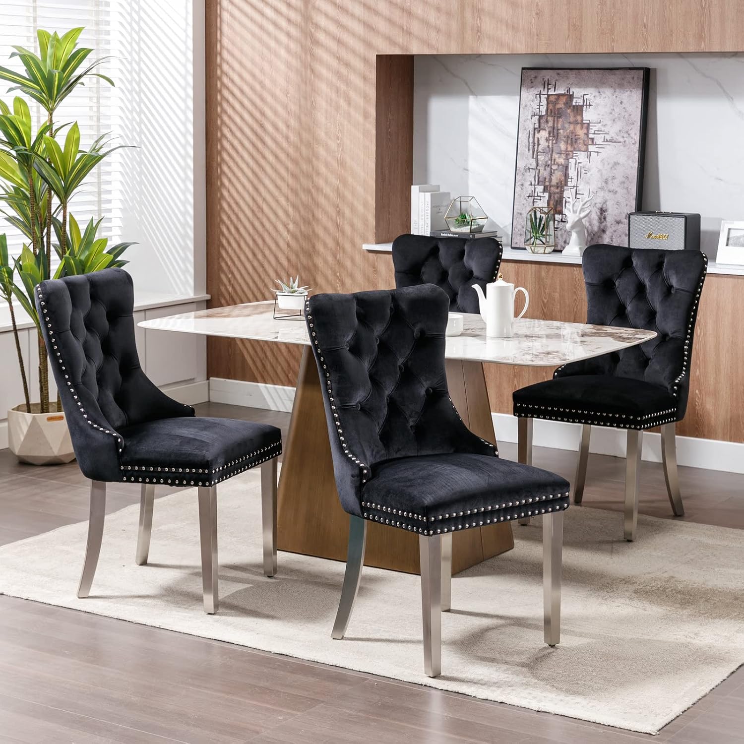 Ball & Cast Contemporary Upholstered Dining Chairs Set of 2, Velvet Button Tufted Kitchen Side-Chairs with Hang Ring & Nailhead Trims & Chrome Solid Wood Legs, 2-Piece Traditional Chair, Chrome+Black