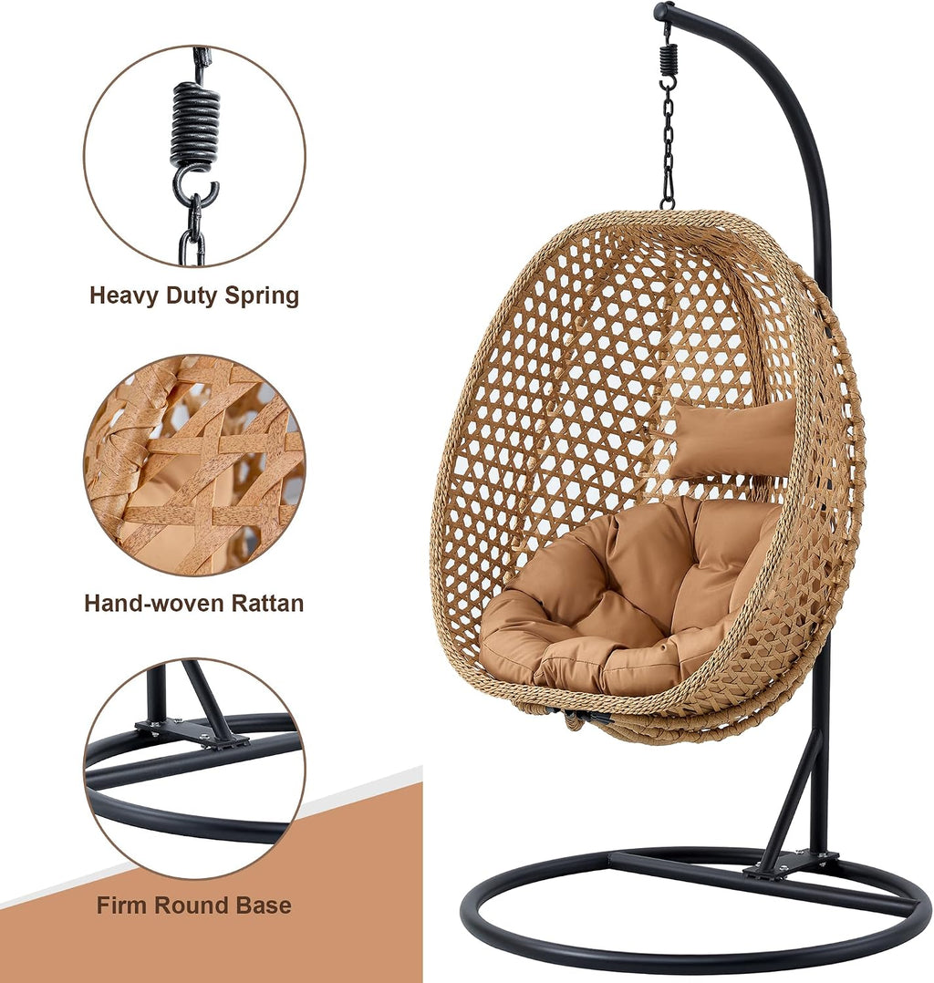 Swining Egg Chair with Stand,Wicker Rattan Hanging Egg Chairs, Patio Swing with UV Resistant Cushion, Outdoor Indoor Hanging with Foldable Basket & Metal Stand for Bedroom (Light Brown-S)