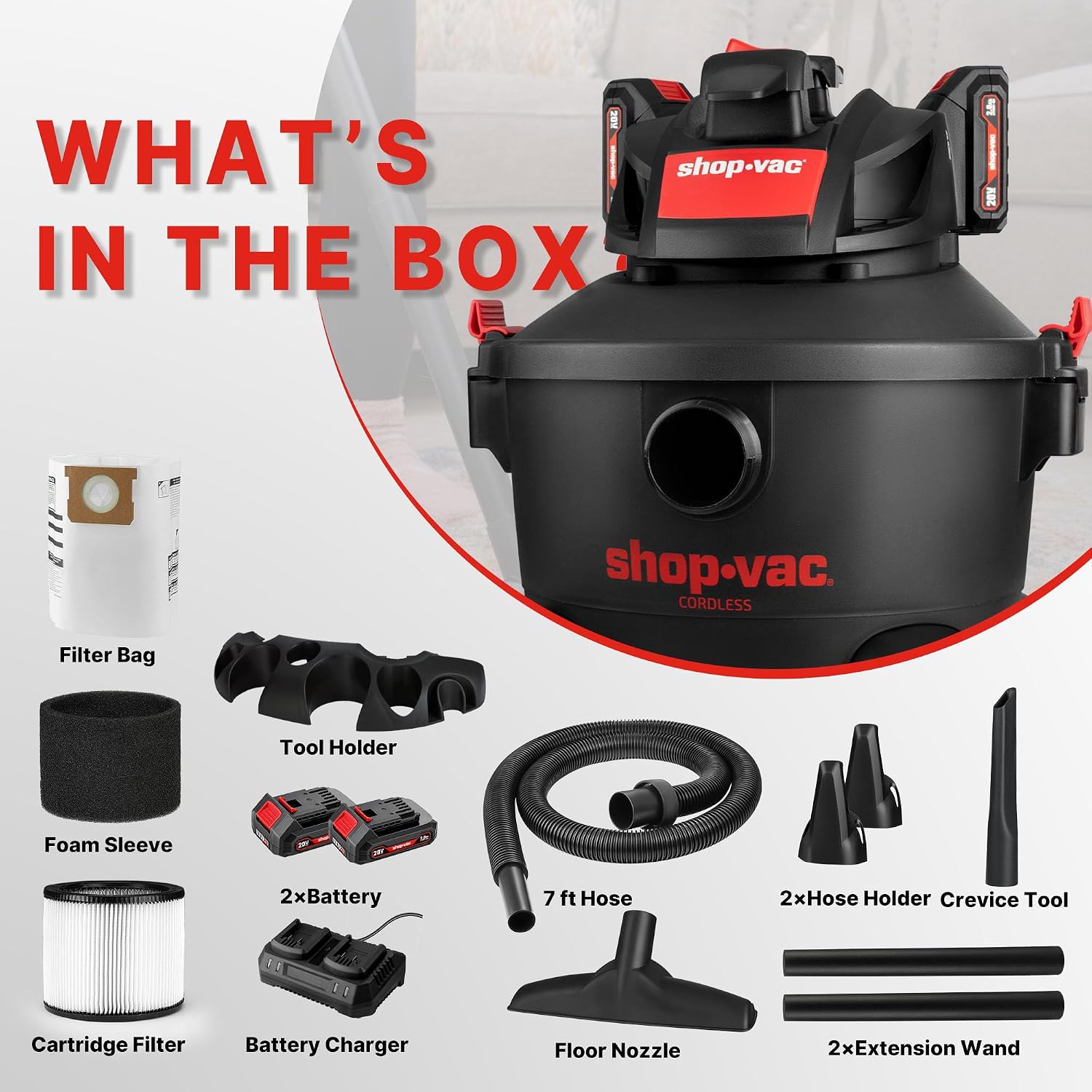Shop-Vac 5430030 6 Gallon Cordless Wet/Dry Vac, 8.0 Peak Kpa, 1.5 Inch Diameter x 7 Foot Hose, Portable Design for Easy Cleanup in Home, Garage, and Vehicle