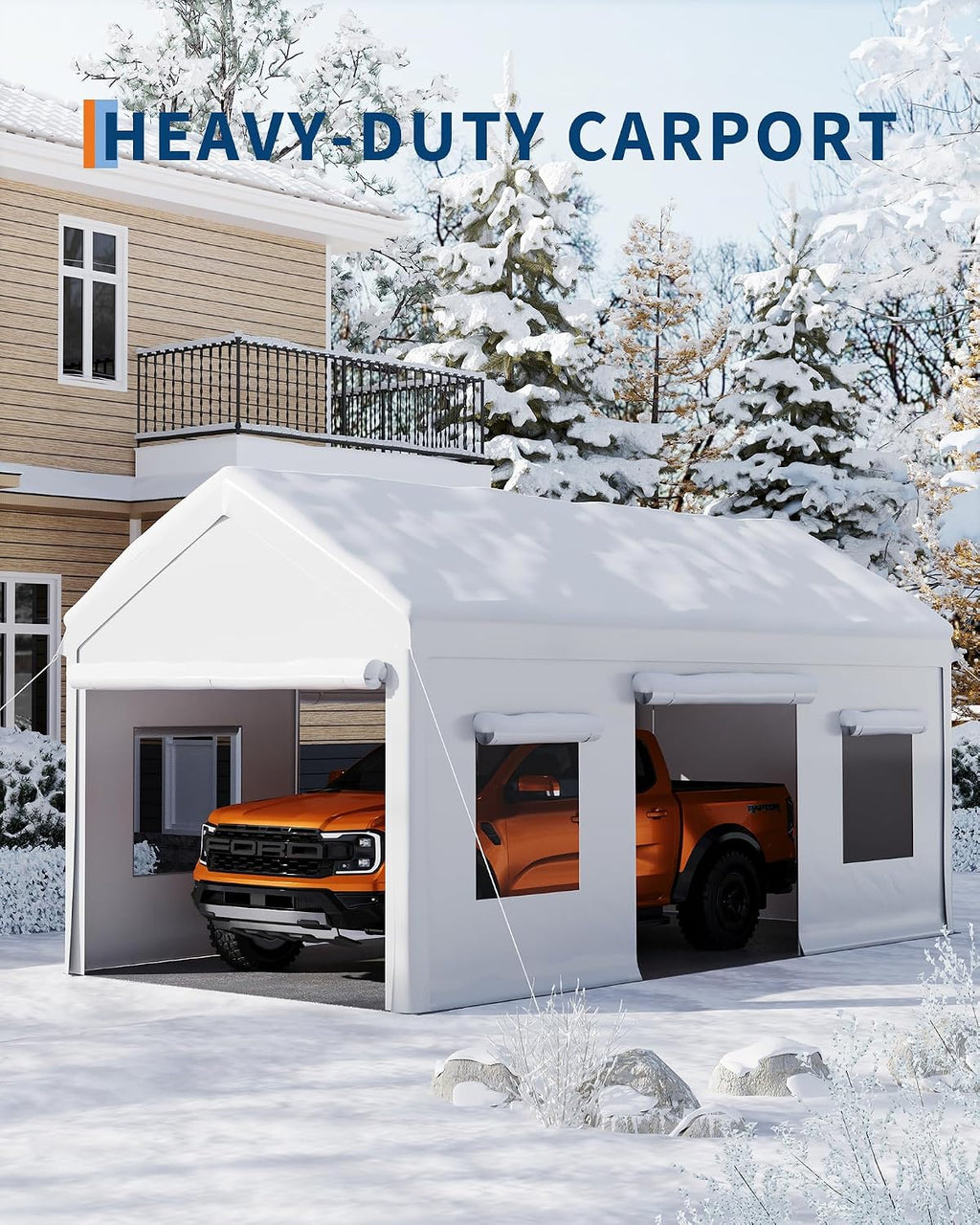 10 x 20FT Heavy Duty Carport with Roll-Up Windows, Portable Garage with Removable Sidewalls & Doors, Portable Car Tent Garage with Roll-Up Windows and All-Season Tarp, for Car, Truck,