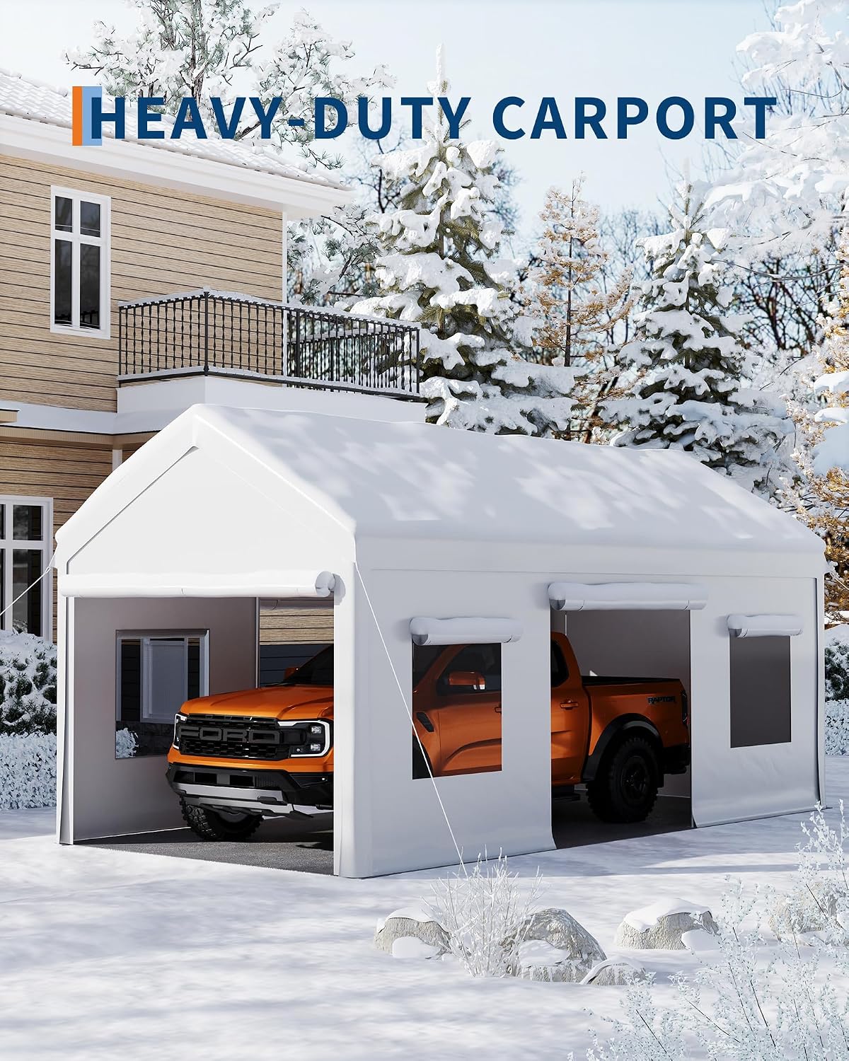 10 x 20FT Heavy Duty Carport with Roll-Up Windows, Portable Garage with Removable Sidewalls & Doors, Portable Car Tent Garage with Roll-Up Windows and All-Season Tarp, for Car, Truck,