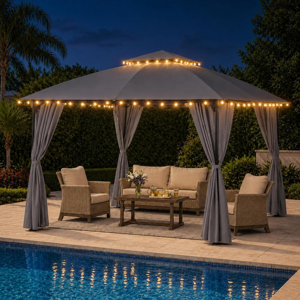LAUSAINT HOME 10x10 Patio Arc Gazebo with 50ft Lights Outdoor Canopy Tent with Curtains, Soft Top Party Shelter with Expansion Bolts and Wind-Resistant Ropes for Backyard, Garden, Lawn, Deck, Grey