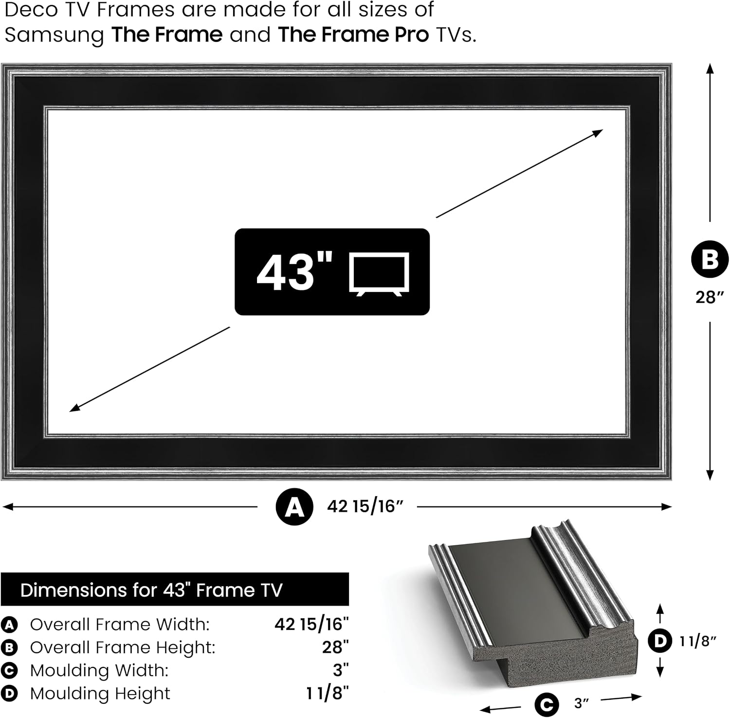 Antique Silver & Black 43' Premiere Deco TV Frame - Compatible ONLY with Samsung The Frame TVs (Fits 2021-2026, LS03A, LS03B, LS03C, LS03D, LS03FA)