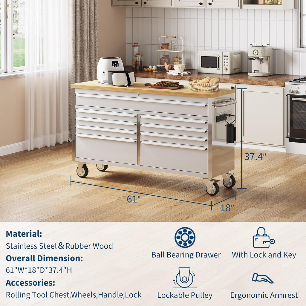 61 Inch Heavy Duty Rolling Tool Chest & Mobile Workbench with 9 Drawers, Rubber Wood Tabletop, Key Locking System and Drawer Liners, Steel Storage Cabinet for Garage, Workshop,Silver