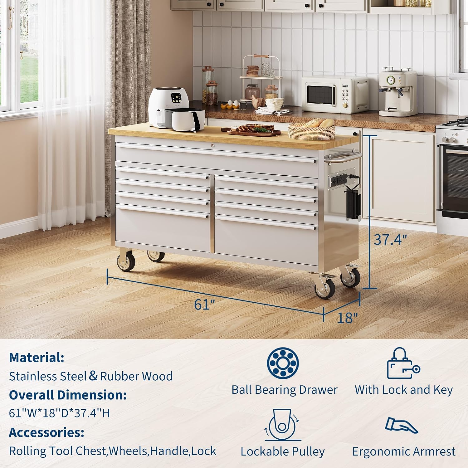 61 Inch Heavy Duty Rolling Tool Chest & Mobile Workbench with 9 Drawers, Rubber Wood Tabletop, Key Locking System and Drawer Liners, Steel Storage Cabinet for Garage, Workshop,Silver