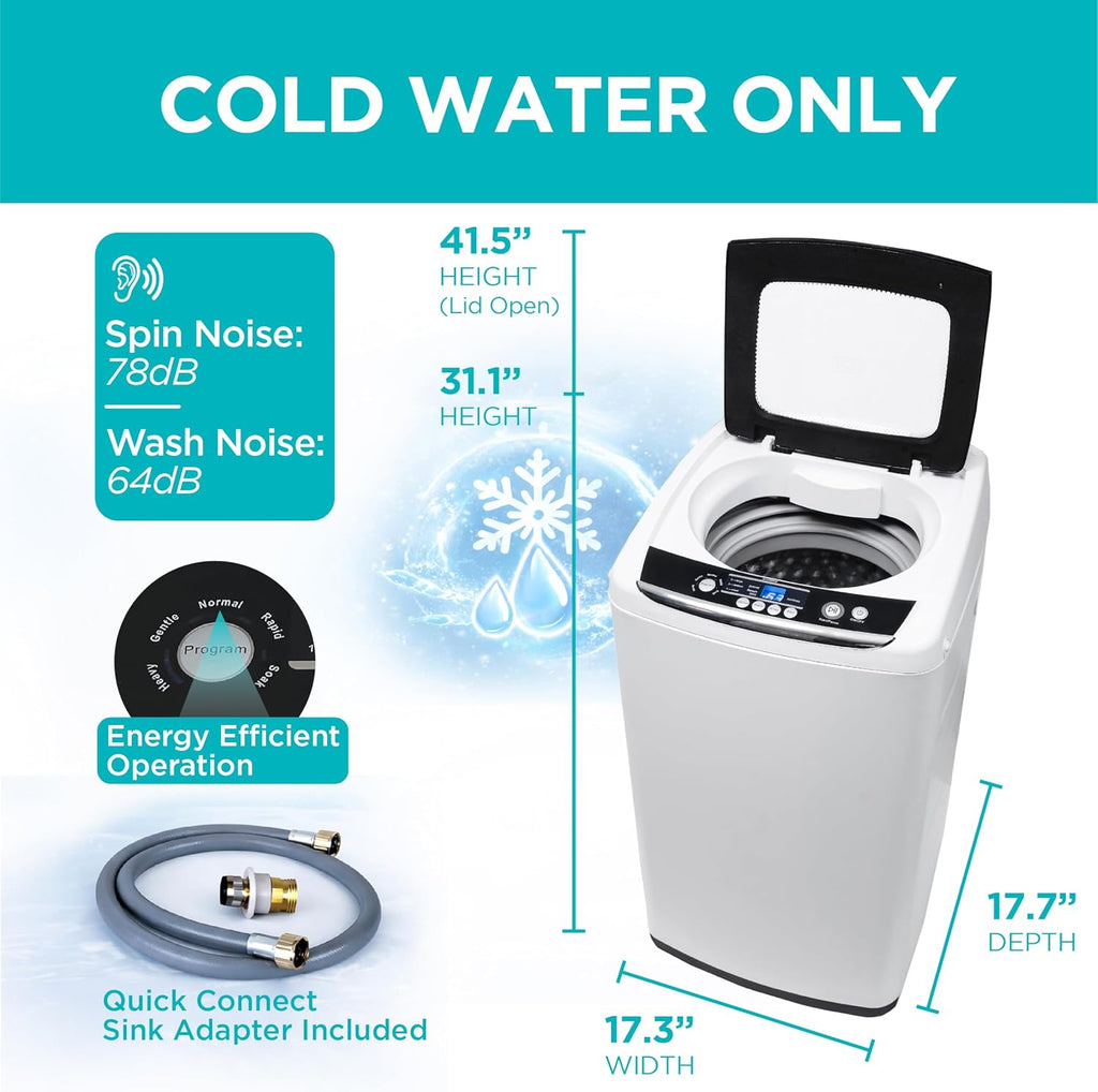 BLACK+DECKER 0.9 Cu. Ft. Portable Washer, 6.6 lb. Capacity Washing Machine for Homes & Apartments, 5 Wash Cycles, Quick Connect Sink Adapter and Drain Hose Included, LED Display, BPWM09W, White
