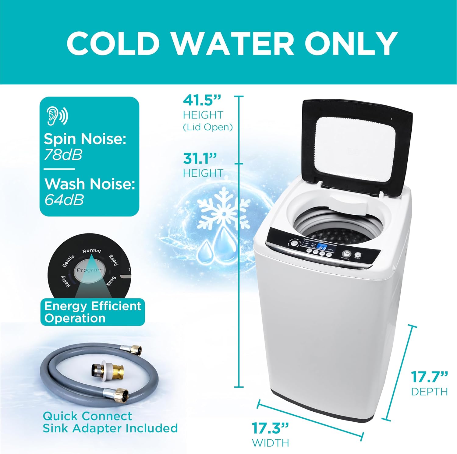 BLACK+DECKER 0.9 Cu. Ft. Portable Washer, 6.6 lb. Capacity Washing Machine for Homes & Apartments, 5 Wash Cycles, Quick Connect Sink Adapter and Drain Hose Included, LED Display, BPWM09W, White
