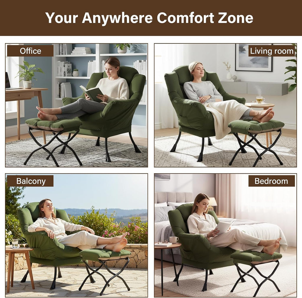 Welnow Lazy Chair with Ottoman, Modern Reading Accent Chair with Armrests and a Side Pocket, Leisure Upholstered Lazy Sofa Set with Footrest for Small Space, Army Green