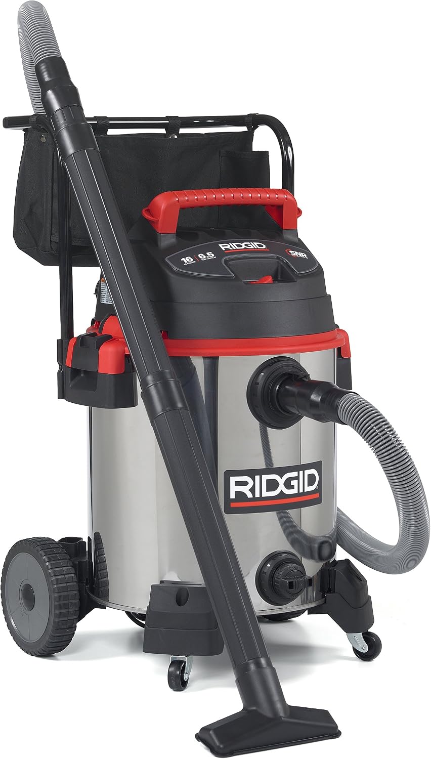 RIDGID 50353 1610RV Stainless Steel 16-Gal. Wet Dry Shop Vacuum with Cart, 6.5 Peak HP Motor, Large Wheels, Pro Hose, Drain, and Blower Port, Red