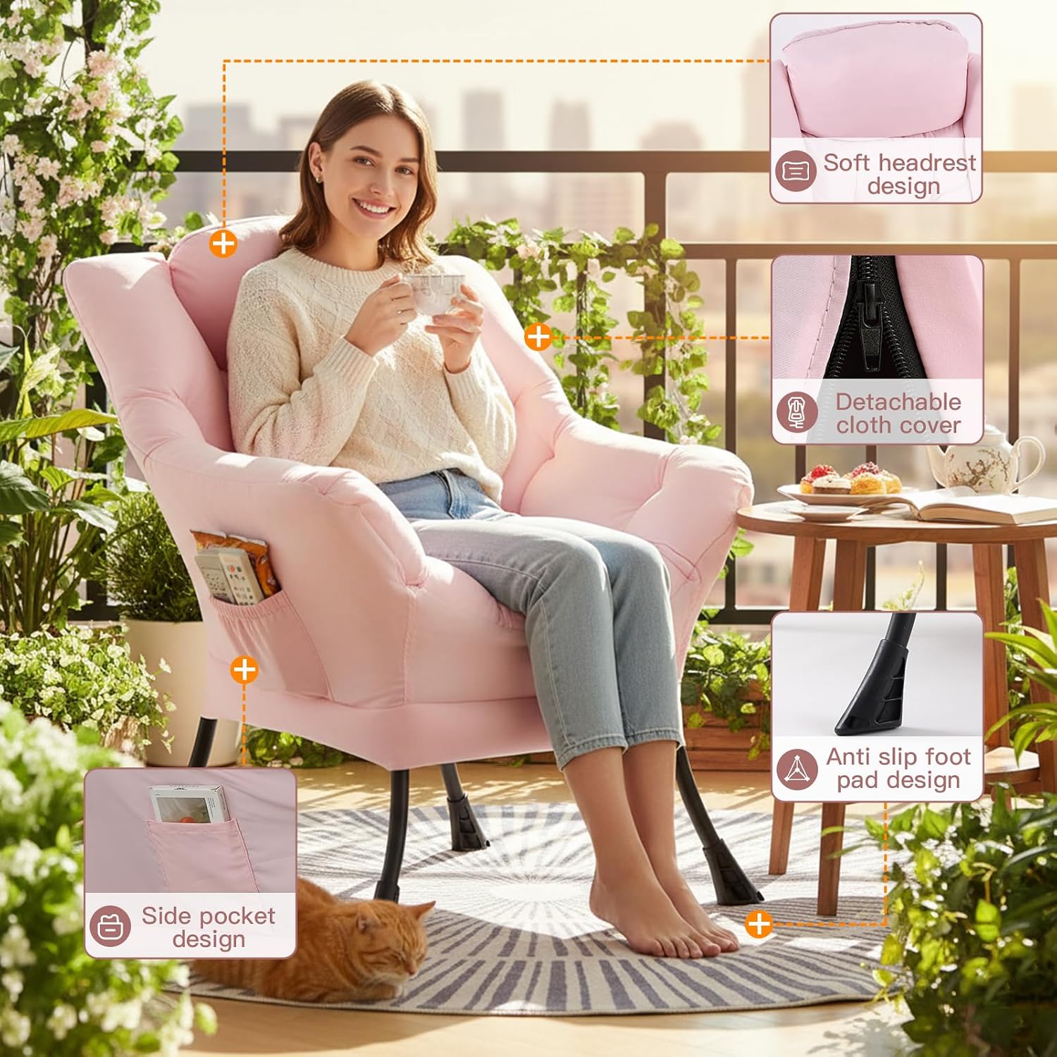 Lazy Chair for Living Room, Large Pink Accent Chair with a Throw Pillow, Leisure Sofa Chair Set, Comfy Reading Chair for Bedroom, Dorm Room, Office