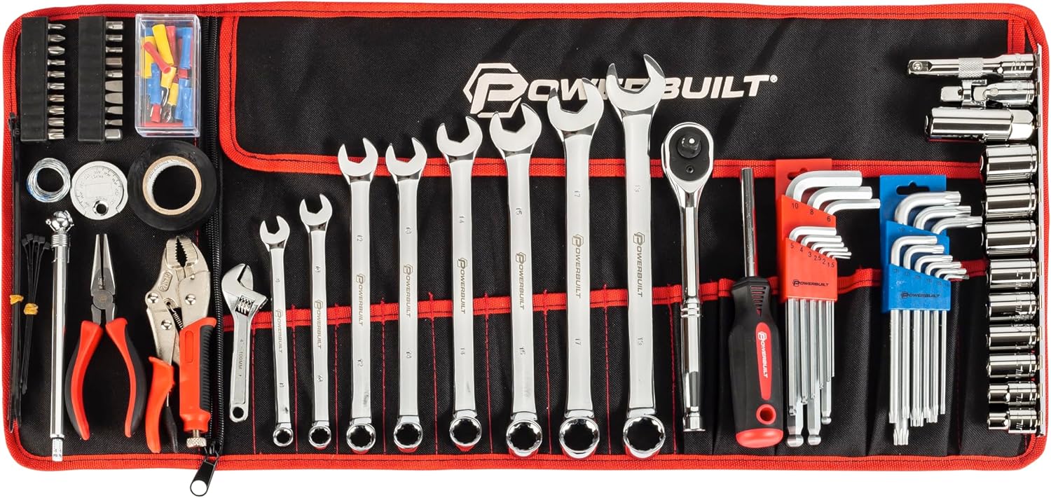 Powerbuilt 100 Piece Motorcycle Tool Kit with Roll Pouch, Roadside, Travel Wrenches, Ratchet, Sockets - 643028ECE