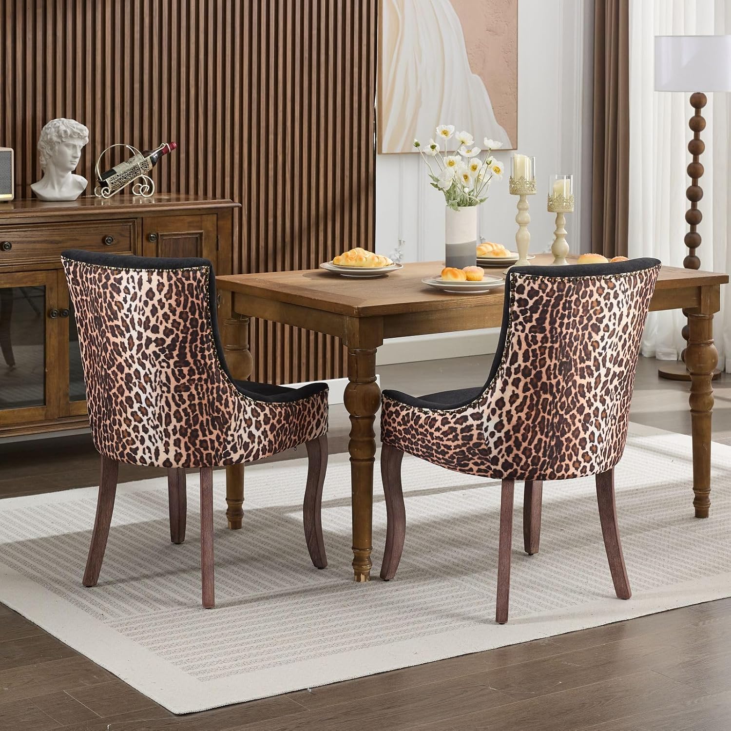 Ball & Cast Mid-century Upholstered Dining Chairs Set of 2, Thickened Fabric Wing Back Kitchen Side-Chairs with Bronze Nail Head & Toned Solid Wood Legs, Two Tone Traditional Chair,Black+Leopard Print