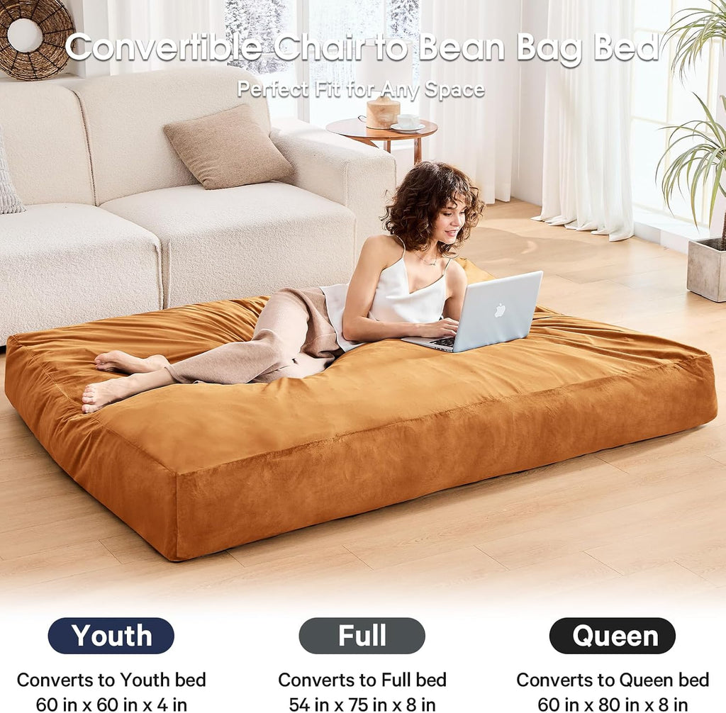 Bean Bag Chairs for Adults - Giant Bean Bag Chair Convertible Bean Bag Bed - Beanbag Chair with Micro Fiber Cover/Furniture Foam Filler - Floor Couch Sofa in Bedroom Dorm Room - Full Golden Brown