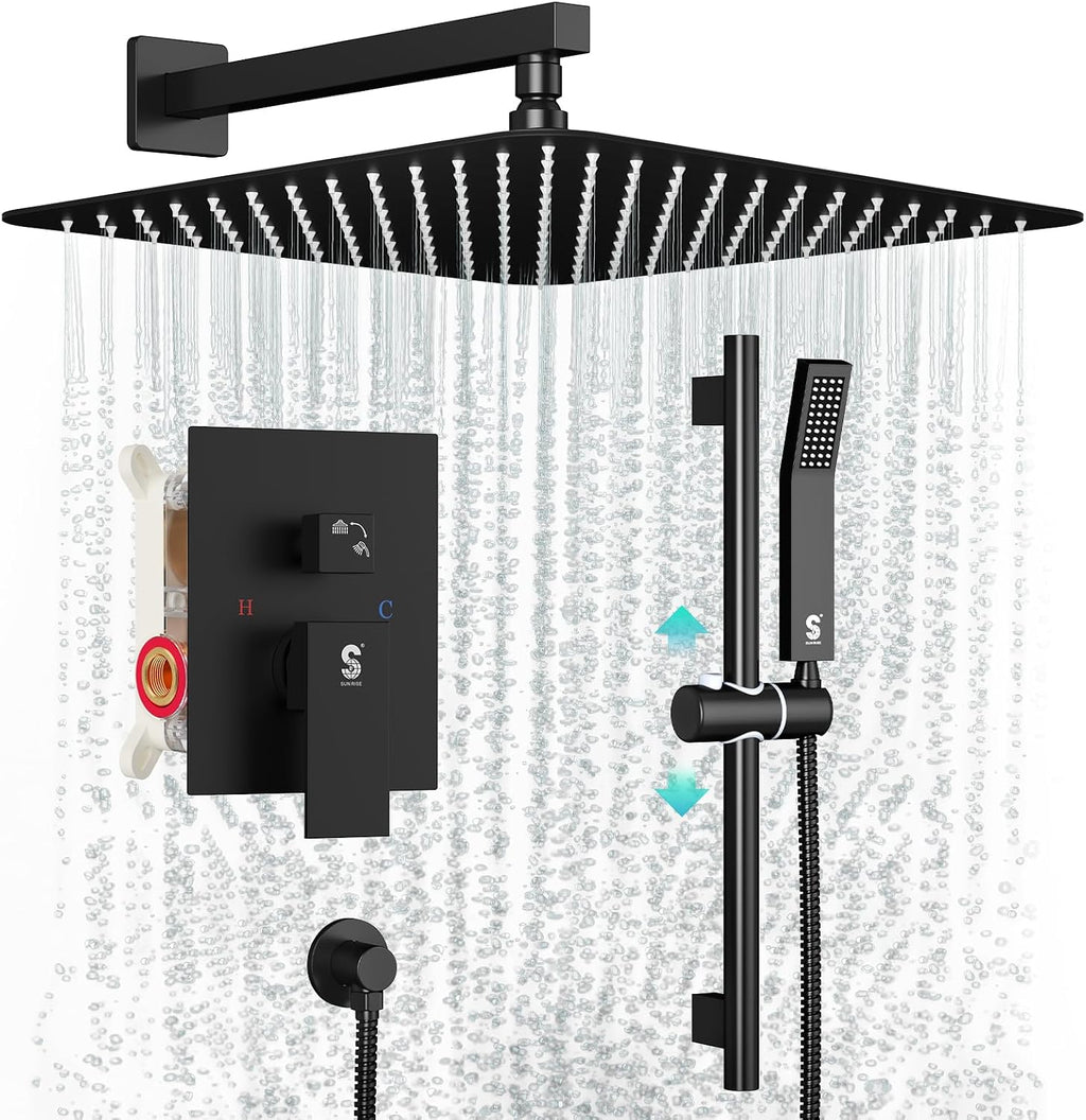 SR SUN RISE 12 Inch Slide Bar Shower Faucet Luxury High Pressure Shower Heads and Handheld Spray Combo Set Wall Mounted Shower System Included Valve and Trim Kit, Matte Black