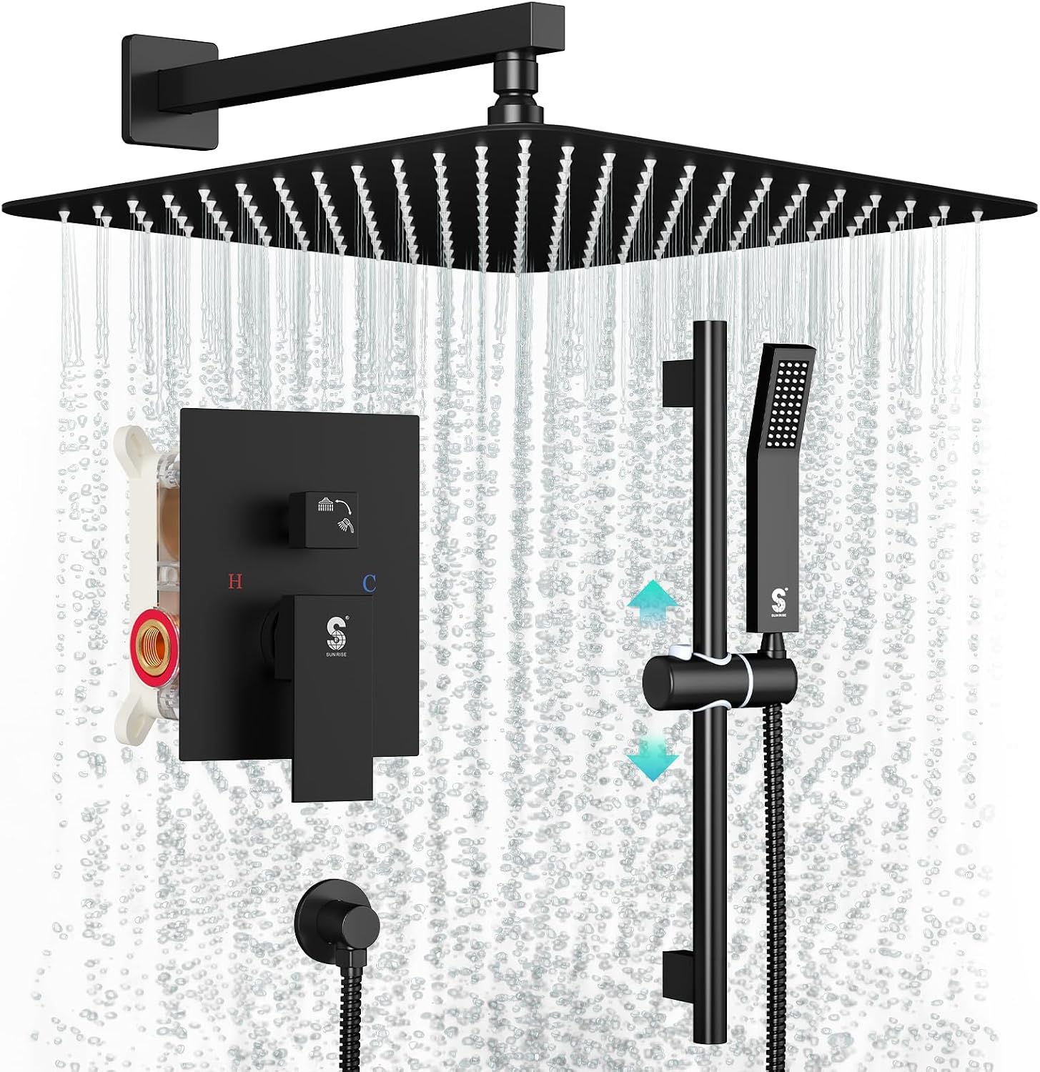 SR SUN RISE 12 Inch Slide Bar Shower Faucet Luxury High Pressure Shower Heads and Handheld Spray Combo Set Wall Mounted Shower System Included Valve and Trim Kit, Matte Black