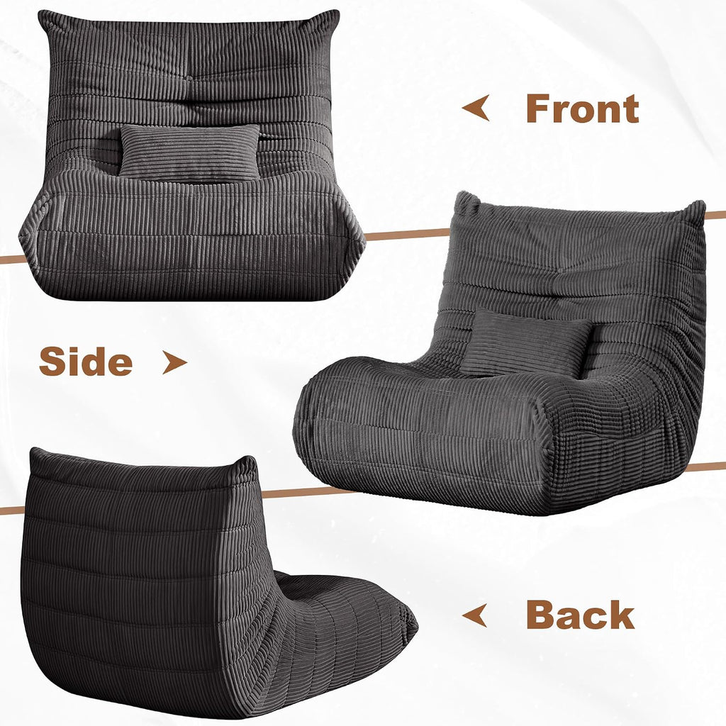 Bean Bag Chair for Adults, Giant Bean Bag Chairs with Lumbar Pillow, Oversized Corduroy Memory Foam Boneless Chair with High-Rebound, Lazy Floor Sofa for Reading Gaming Living Room Bedroom, Grey