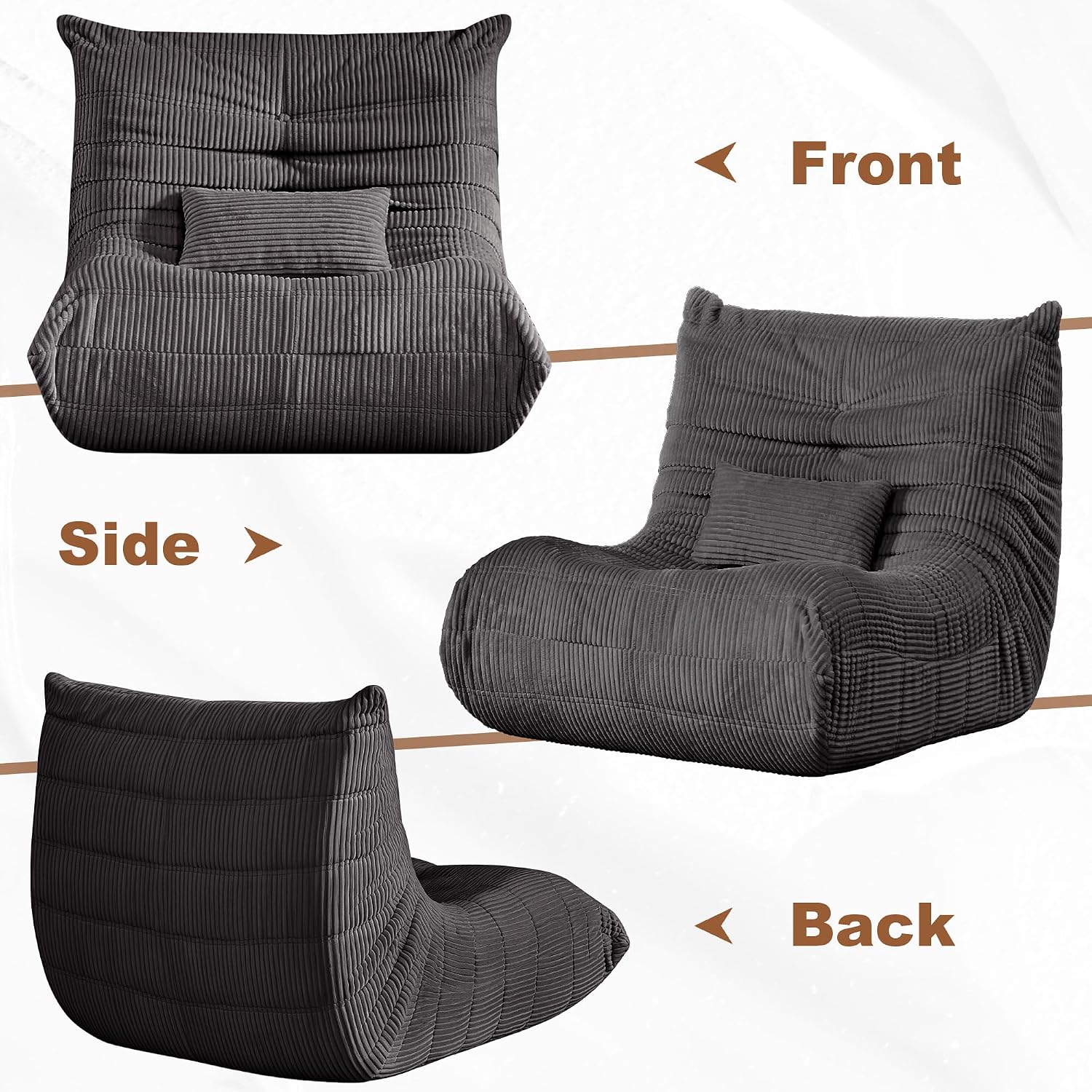 Bean Bag Chair for Adults, Giant Bean Bag Chairs with Lumbar Pillow, Oversized Corduroy Memory Foam Boneless Chair with High-Rebound, Lazy Floor Sofa for Reading Gaming Living Room Bedroom, Grey
