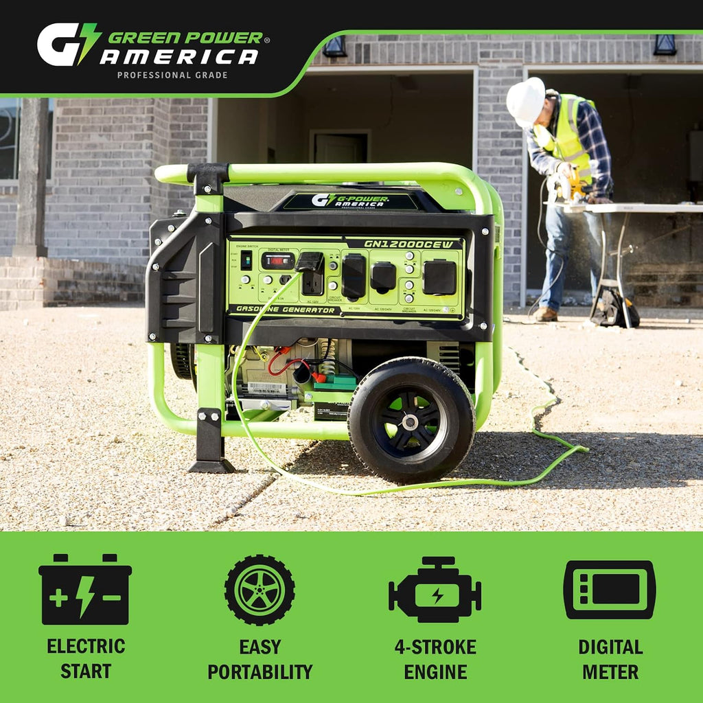 Green-Power America 12000 Watt Gasoline Powered Portable Generator, Recoil/Electric Start, 12V-8.3A Charging Outlets, Home Back Up & RV Ready, 49 State Approved