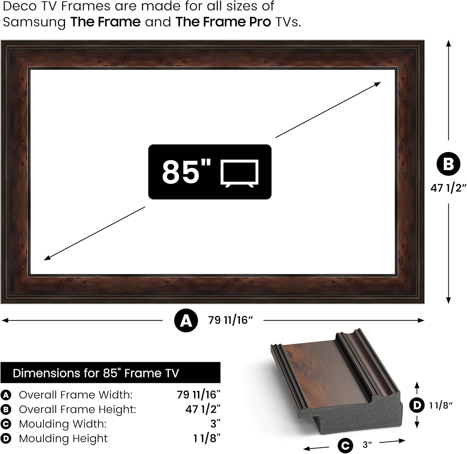 Burlwood 85' Premiere Deco TV Frame - Compatible ONLY with Samsung The Frame TV and Pro TVs (Fits 2021-2026, LS03A, LS03B,LS03C,LS03D,LS03FA,LS03FW)