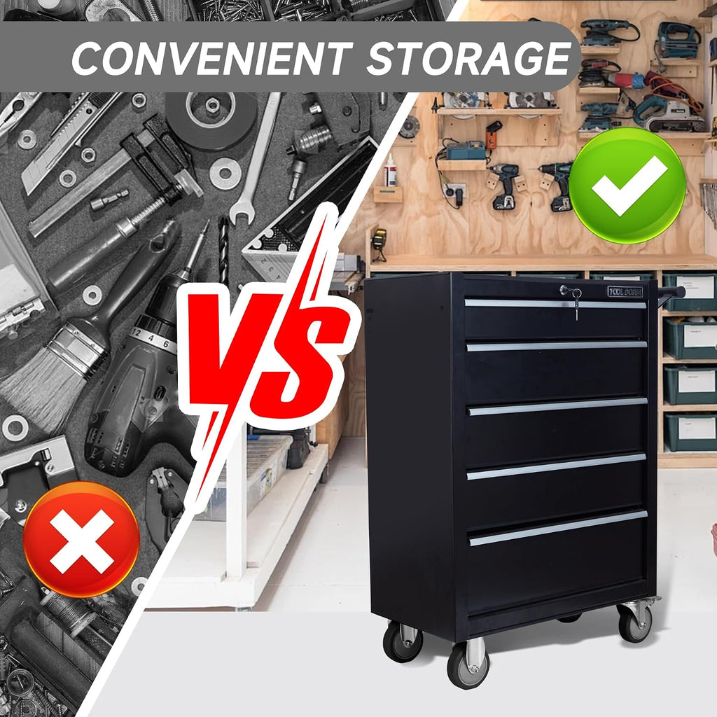 5-Drawer Rolling Tool Chest with Locking Wheels & Drawers, 13' D x 24.2' W x 34.6' H Mobile Tool Storage Cabinet, Heavy-Duty Garage Organizer w/Ergonomic Handle