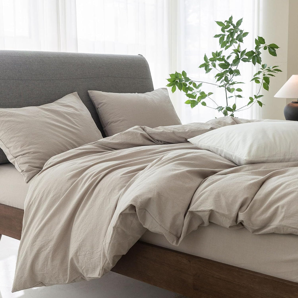 Super King Plus Cooling Duvet Cover Set - 3 Pieces 100% Cotton Bedding, Breathable, Crisp Linen-Like Texture, Naturally Soft & Gets Better, Hidden Zipper & Corner Ties – Beige Grey, 120'x120'