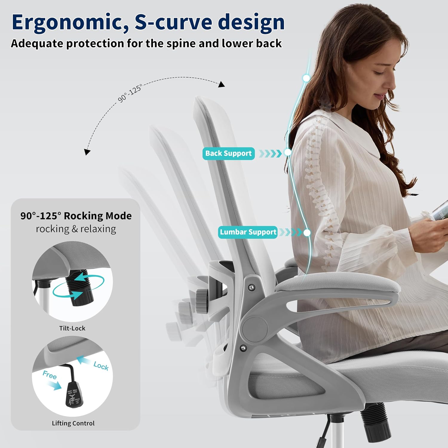Ergonomic Office Chair, Desk Chair with Adjustable Lumbar Support, Breathable Mesh Comfy Computer Chairs with Flip-up Armrests Executive Task Chair for Adults Home Office (Gray)