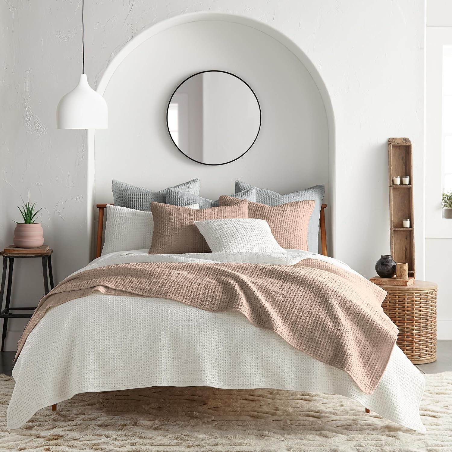 Levtex Home Mills Waffle Full/Queen Quilt Set (88x92in) with 2 Pillow Shams (26x20in) - Blush - Cotton Waffle Full/Queen Size Quilt Bedding Set - Lightweight, Soft, Pre-Washed