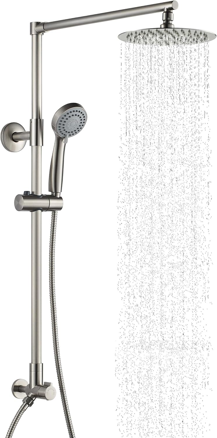 Fennocasa Polaris 3 Retrofit Rain Shower System, 3-Setting Handheld Shower Combo with Slide Bar, 8' Low Profile Shower Head (2.5 GPM Brushed Nickel)