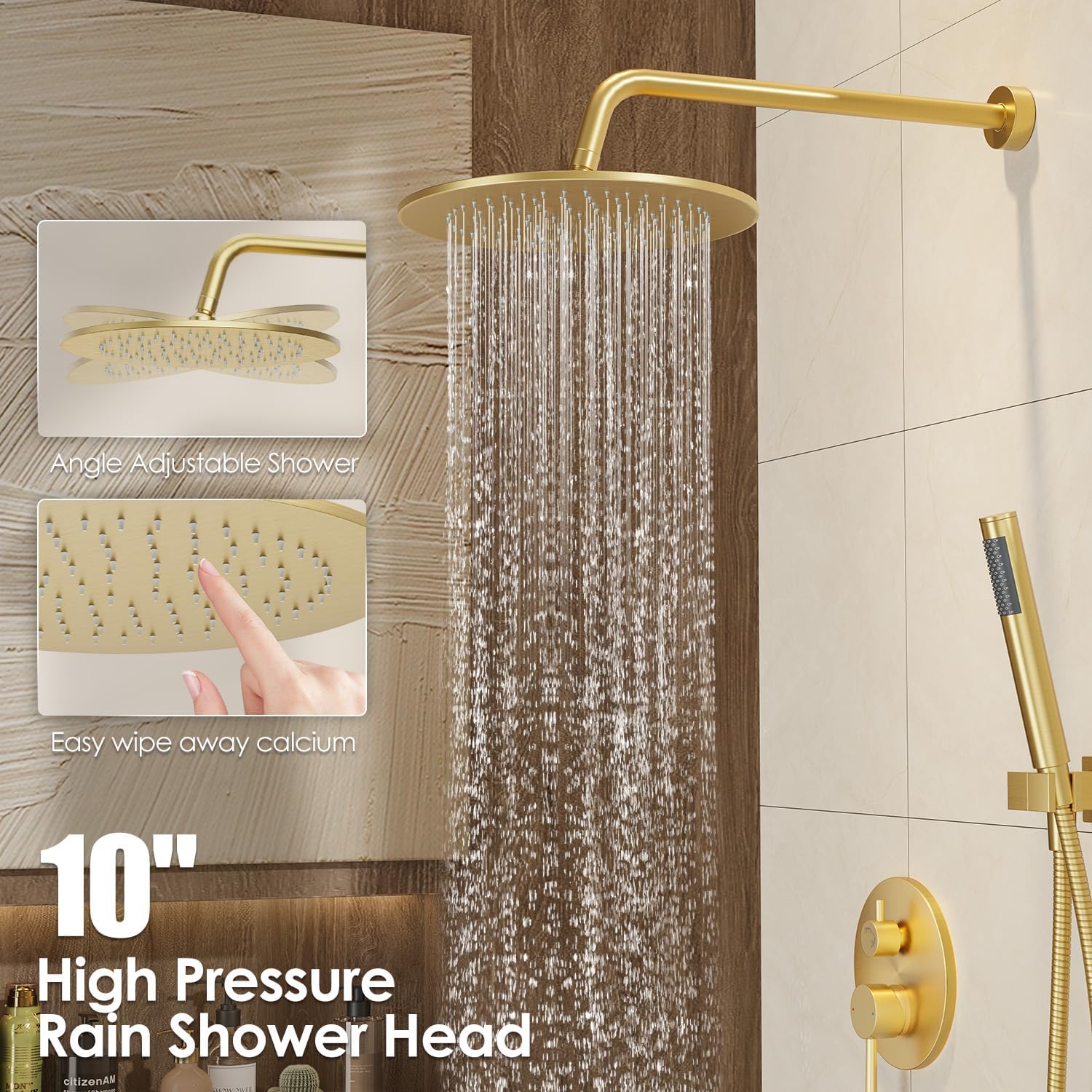 Gabrylly Brushed Gold Shower System with Rough-in Valve, 10 Inch Wall Mounted High Pressure Rainfall Shower Head with Handheld Combo, Luxury All Metal Bathroom Shower Faucet Fixtures Complete Set