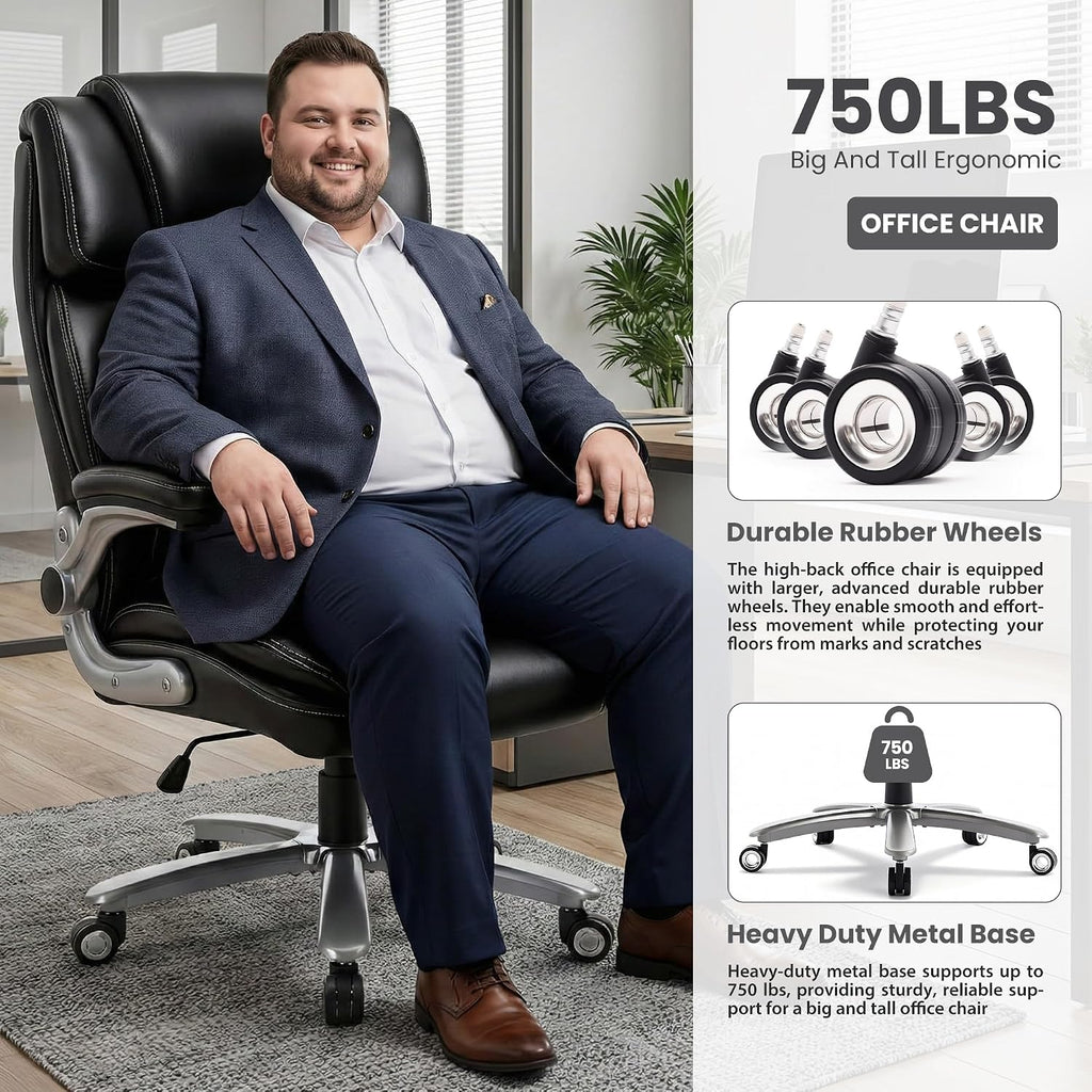 750lbs Heavy Duty Desk Chair with 3D Kneading Massage, Big and Tall Office Chairs with Ergonomic Support, 3D Armrests, 5 Quiet Dual Rubber Wheel, Thick Pocket Spring Cushion(Black, PU)