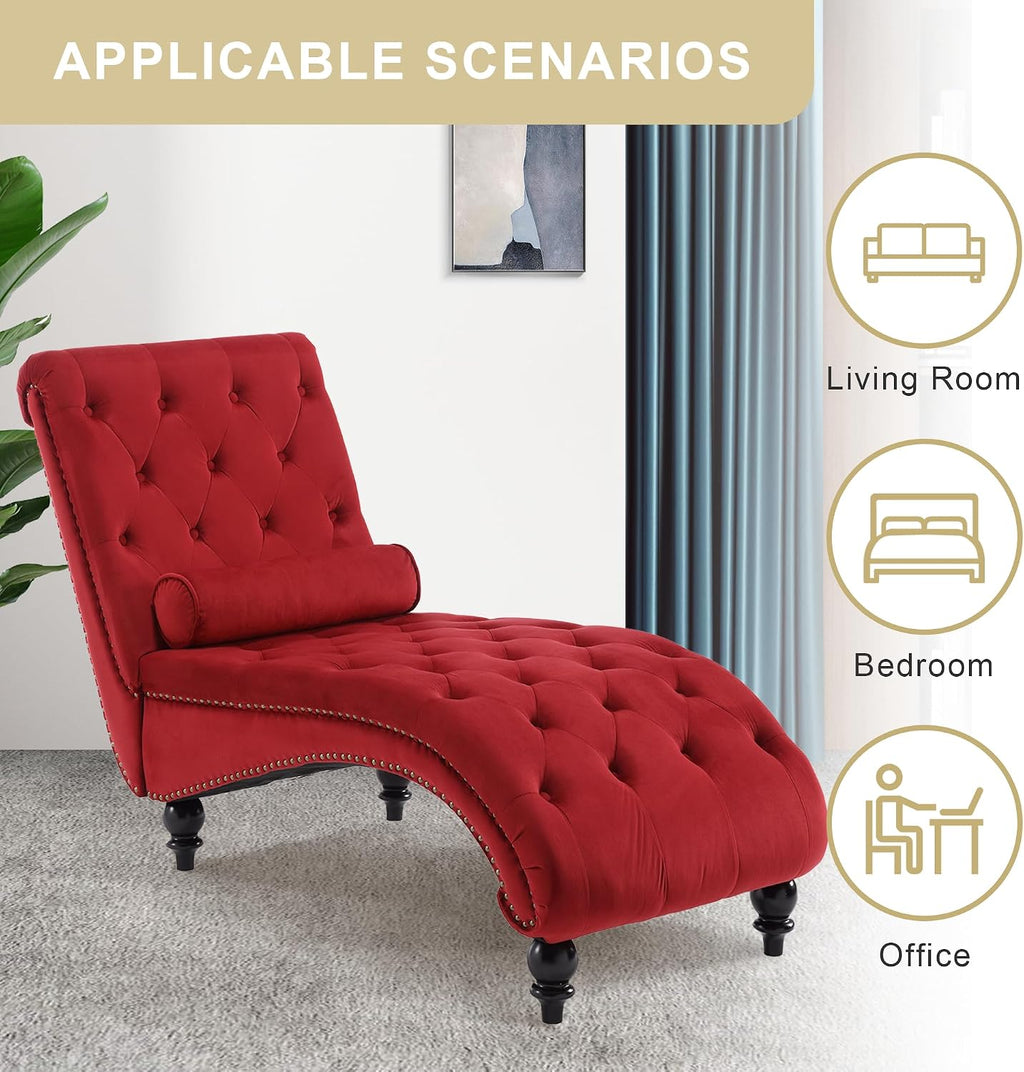 Velvet Chaise Lounge Indoor, Button-Tufted Upholstered Chaise Lounge Chair with Pillow for Bedroom Living Room Office Modern Backrest Leisure Recliner Sleep Sofa (Red)